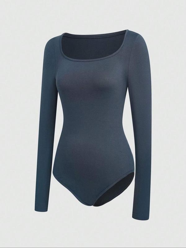 Women's Solid Long Sleeve Square Neck Bodysuit, Casual Comfy Tight-fitting Bodysuit for Daily Wear, Ladies Clothes for All Seasons